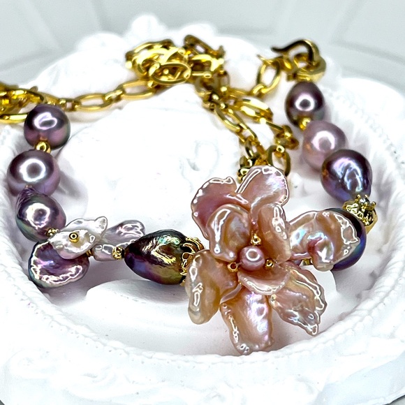 🤩 Handmade Premium Blueberry 🫐 Sakura Pink Freshwater Flameball Pearl Necklace